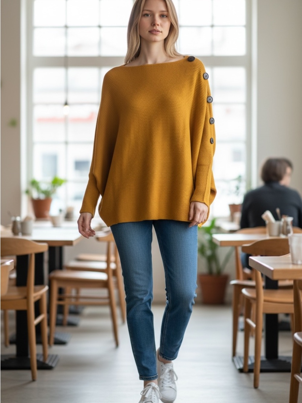 Cozy Off-the-Shoulder Button-Trim Sweater in Mustard